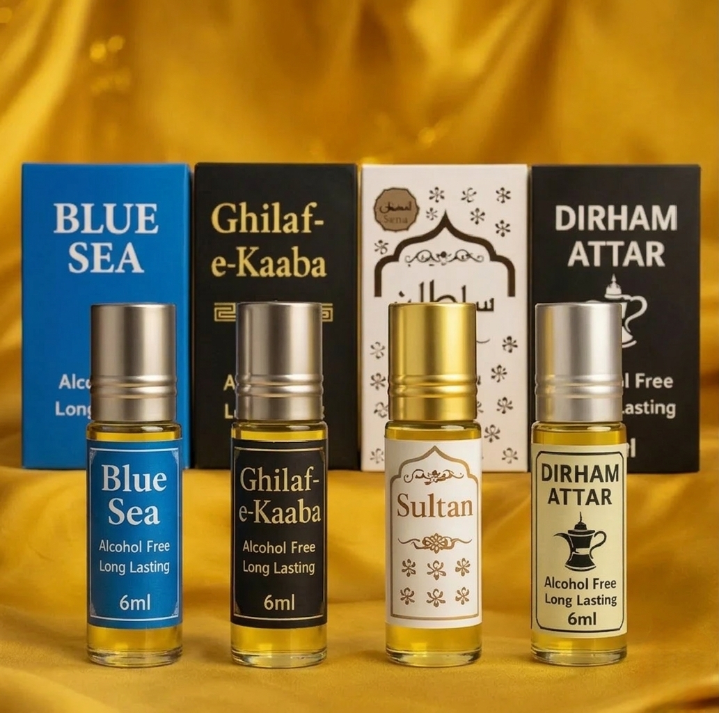 Pack of 4 Attar | Blue Sea Attar | Ghilaf e Kaba Attar | Sultan Attar | Dirham Attar | Blue Sea Attar 6ml | Ghilaf e Kaba Attar 6ml | Sultan Attar 6ml | Dirham Attar Attar 6ml | Original Imported Long Lasting Perfume Oils