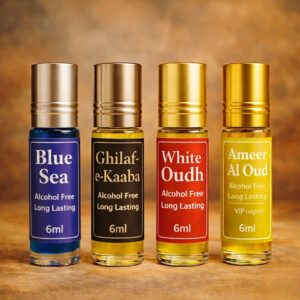 Pack of 4 Attar | Blue Sea Attar | Ghilaf e Kaba Attar | White Oud Attar | Ameer Ul Oud Attar | Blue Sea Attar 6ml | Ghilaf e Kaba Attar 6ml | White Oud Attar 6ml | Ameer Ul Oud Attar 6ml | Original Imported Long Lasting Perfume Oils Ratings 18